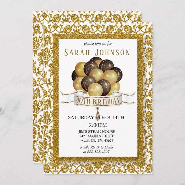 Beautiful Gold Glitter Damask Birthday Invitation (Front/Back)