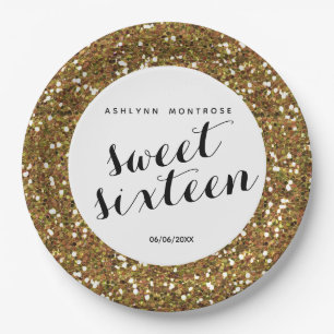 Beautiful Gold Glitter Sweet 16 Paper Plate