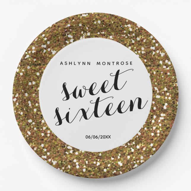 Beautiful Gold Glitter Sweet 16 Paper Plate (Front)