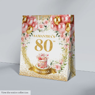 Beautiful Gold Number 80th Birthday Blush Flowers  Medium Gift Bag