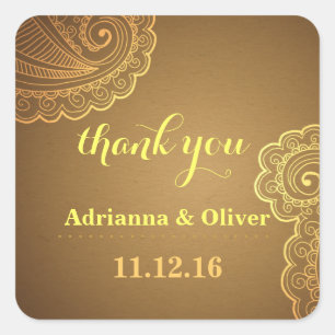 Beautiful Gold Paisley Floral Wedding Thank You Square Sticker