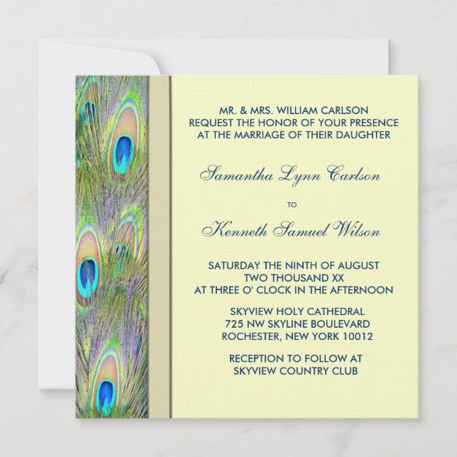 Beautiful Gold Peacock Wedding Invitation (Front)