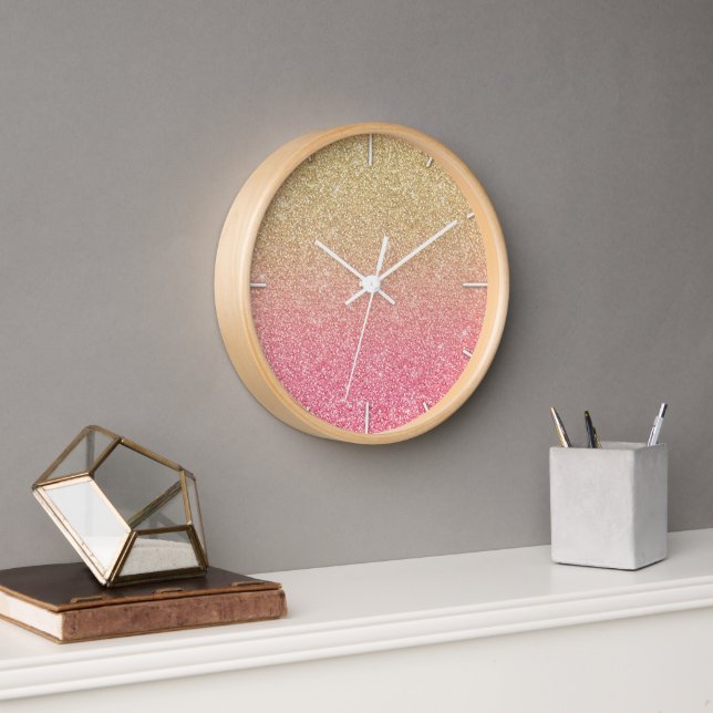 Beautiful Gold Pink Glitter Ombre Clock (Office)