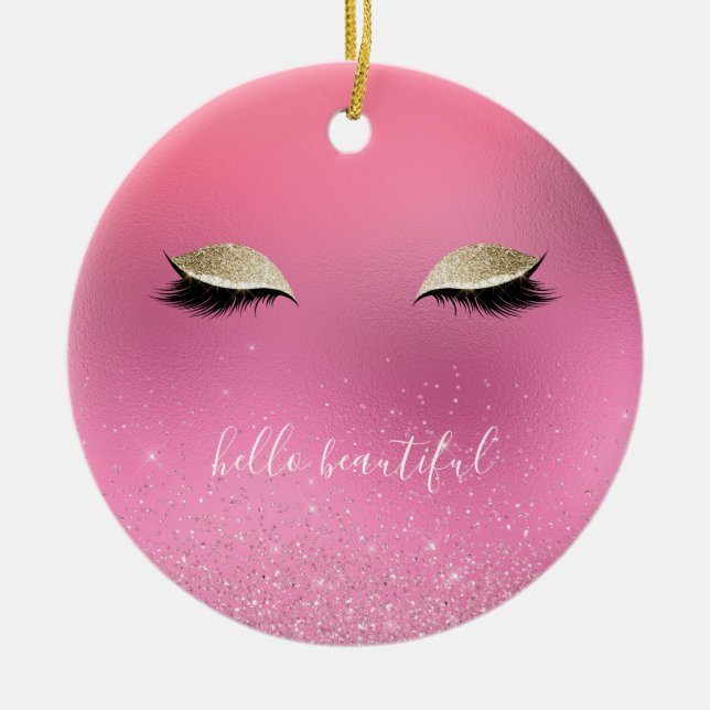 Beautiful Gold Pink Glitzy Eyes Ceramic Ornament (Front)