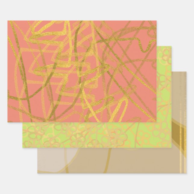 Beautiful Gold Pink Green Floral Wrapping Paper Sheet (Set)