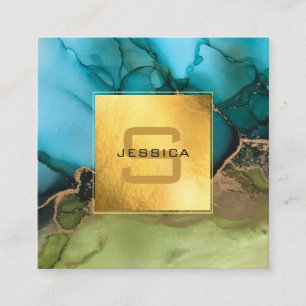 Beautiful Gold Teal Black Monogram Square Business Card