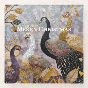 Beautiful Gold White Peacocks Christmas Glass Coaster