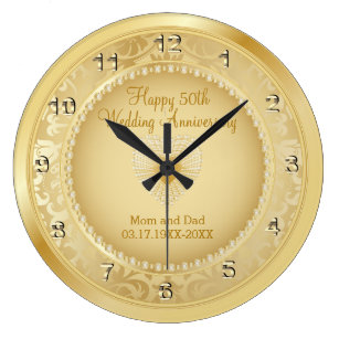 Beautiful Golden 50th Wedding Anniversary Large Clock