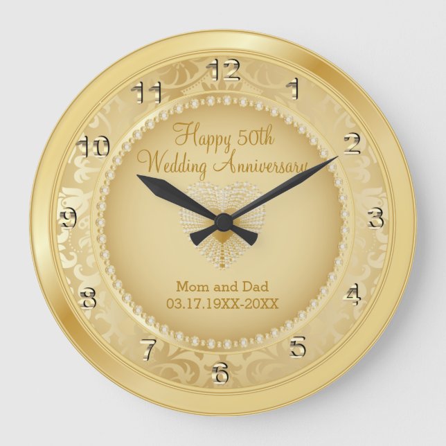 Beautiful Golden 50th Wedding Anniversary Large Clock (Front)
