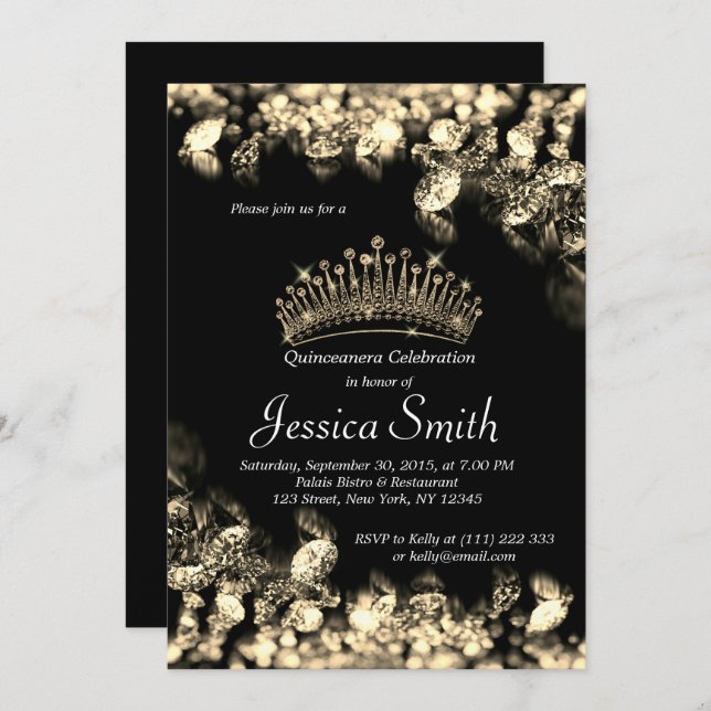 Beautiful Golden Diamond Quinceañera Invite (Front/Back)