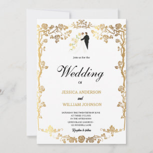 Beautiful golden flowers decorated wedding invitation