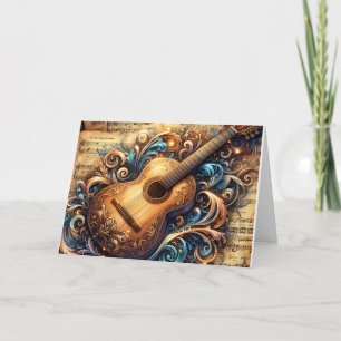 Beautiful Golden Guitar and Sheet Music Christmas Holiday Card