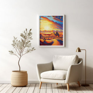 Beautiful Golden Hour Desert Sunset & Camels Poster