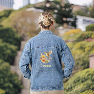 Beautiful Golden Hummingbird and Flower with Name Denim Jacket