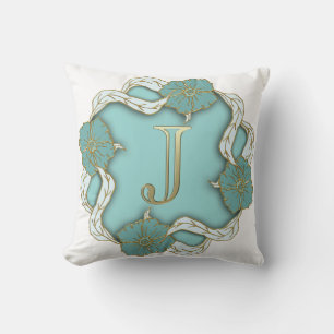 Beautiful Golden Look Initial J Blue Floral Cushion