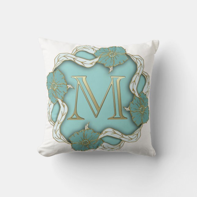 Beautiful Golden Look Initial M Blue Floral Cushion (Front)