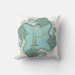 Beautiful Golden Look Initial P Blue Floral Cushion
