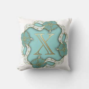 Beautiful Golden Look Initial X Blue Floral Cushion