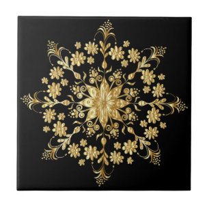 Beautiful Golden Mandala Pattern  Elegant Black Ceramic Tile