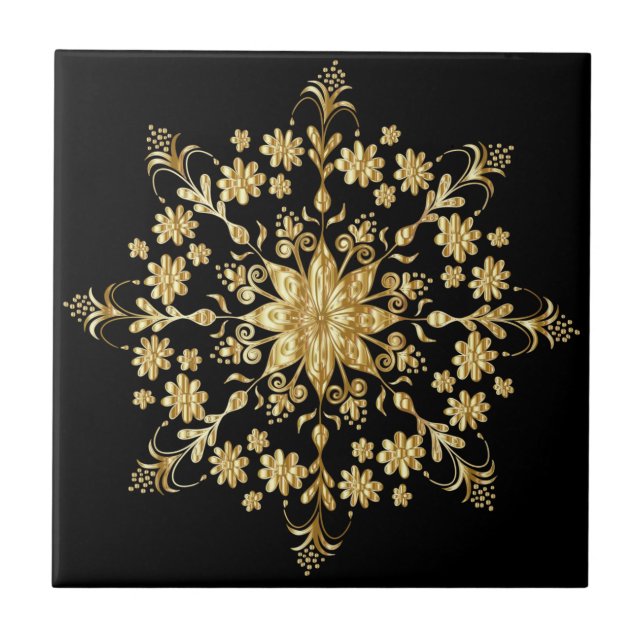 Beautiful Golden Mandala Pattern  Elegant Black Ceramic Tile (Front)