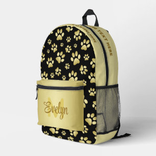 Beautiful Golden Paws Prints on Black Background Printed Backpack