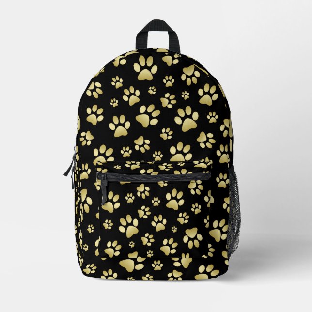 Beautiful Golden Paws Prints on Black Background  Printed Backpack (Front)
