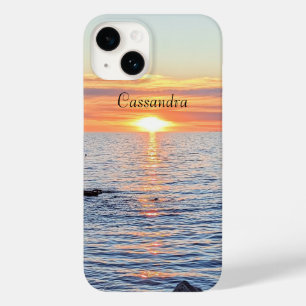 Beautiful Golden Sunset Over the Ocean Custom Name Case-Mate iPhone 14 Case