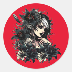 Beautiful Goth Girl Black Lilly Flowers art Classic Round Sticker