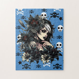 Beautiful Goth Girl Black Lilly Flowers art Jigsaw Puzzle