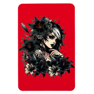 Beautiful Goth Girl Black Lilly Flowers art Magnet