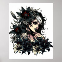 Beautiful Goth Girl Black Lilly Flowers art