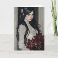 Beautiful Goth Lady with Red Poinsettias Card