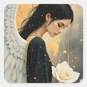 Beautiful Gothic Angel and White Rose Celestial  Square Sticker
