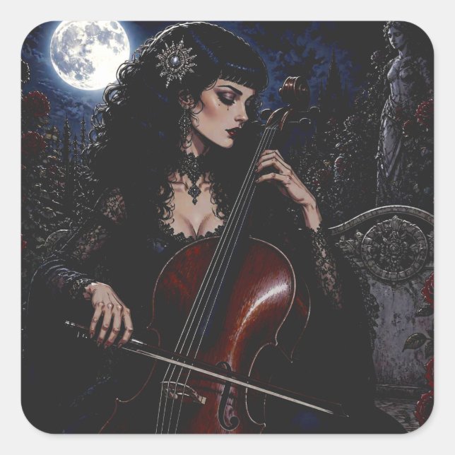 Beautiful Gothic Beauty Playing the Cello  Square Sticker (Front)