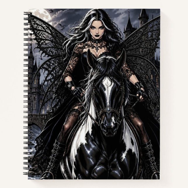 Beautiful Gothic Fairy on Black Horse  Notebook (Front)