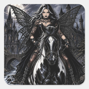 Beautiful Gothic Fairy on Black Horse  Square Sticker