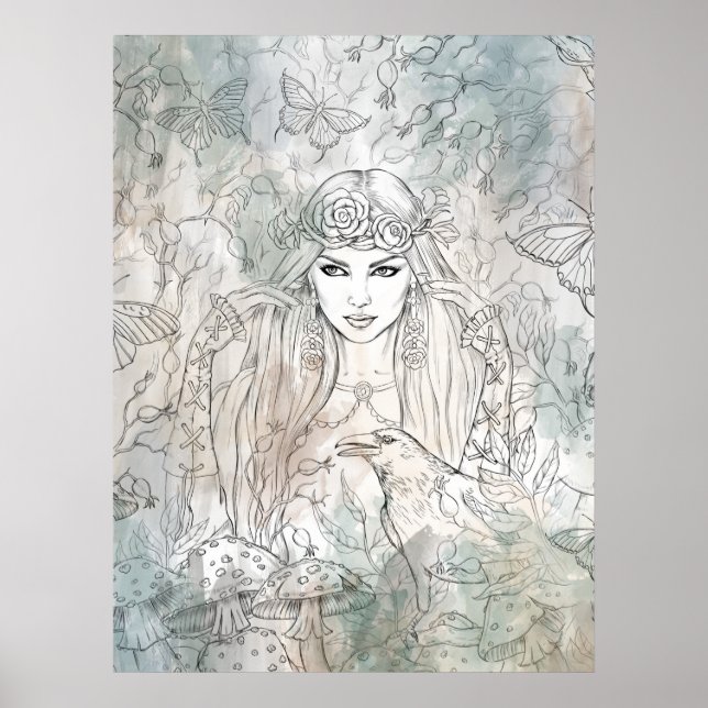 Beautiful gothic girl with a raven hand-drawn poster (Front)