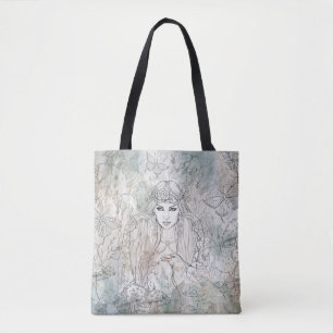 Beautiful gothic girl with a raven hand-drawn tote bag