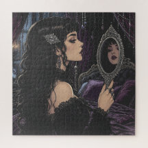 Beautiful Gothic Woman Looking into Antique Mirror