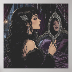 Beautiful Gothic Woman Looking into Antique Mirror Poster