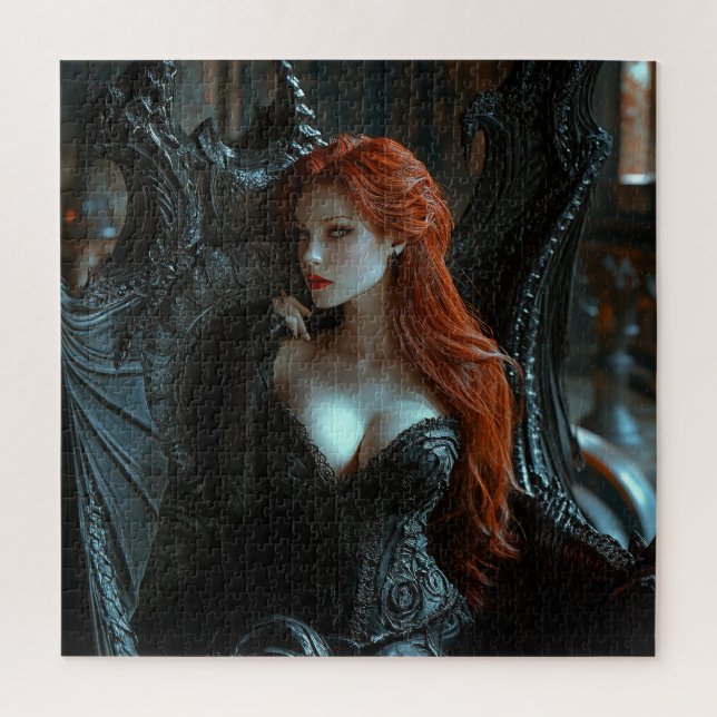 Beautiful Gothic Woman on Dragon Chair Jigsaw Puzzle (Vertical)