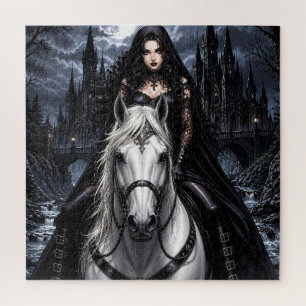 Beautiful Gothic Woman on White Horse Jigsaw Puzzle