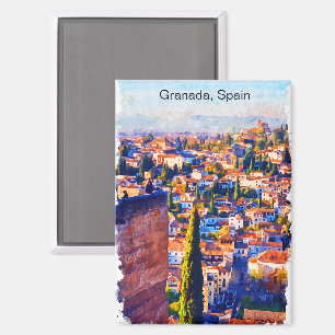 Beautiful Granada Spain Watercolor View Magnet