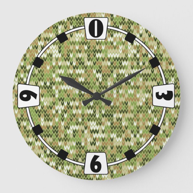 Beautiful granny knit pattern in green olive colou large clock (Front)