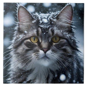 Beautiful Gray Tabby Cat in the Snow  Ceramic Tile