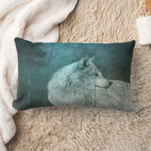 Beautiful Gray Wolf in a Dark Forest Lumbar Cushion