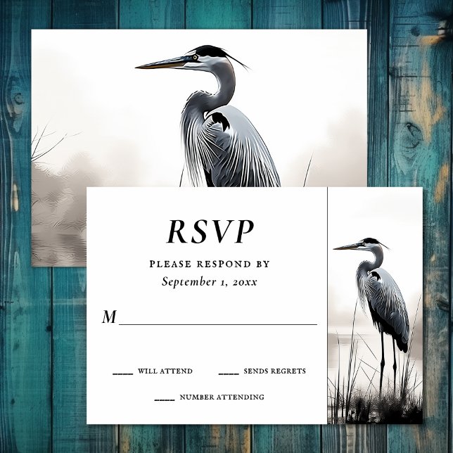 Beautiful Great Blue Heron Coastal Bird Wedding RSVP Card (Beautiful Great Blue Heron Water Bird Wedding RSVP Card)