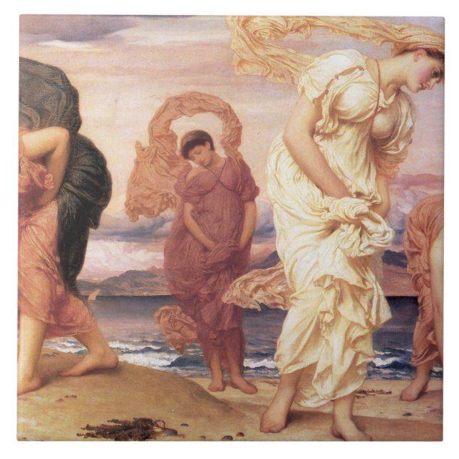 Beautiful Greek Women Picking Pebbles on a Beach Ceramic Tile (Front)