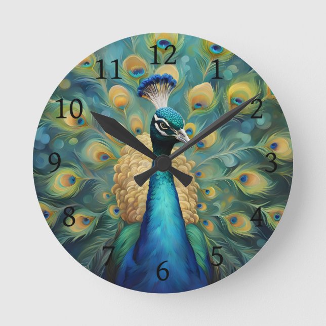 Beautiful Green and blue Peacock Round Clock (Front)
