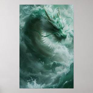 Beautiful Green and White Dragon Swimming Poster